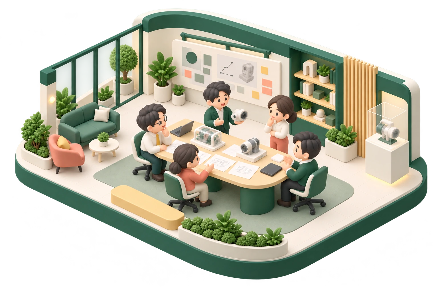 新規事業担当者と技術チームが、試作品を囲んで開発方針を検討する、丸みのある3Dイラスト