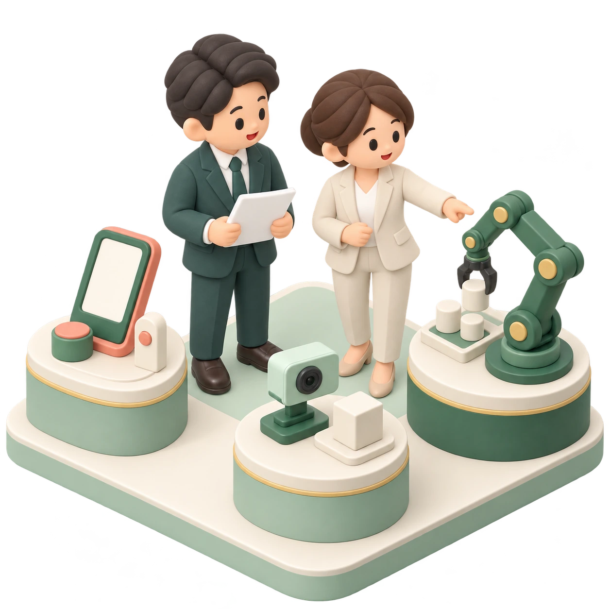 担当者と専門家が、センサーやロボットなどの技術展示を比較して連携候補を選ぶ3Dイラスト