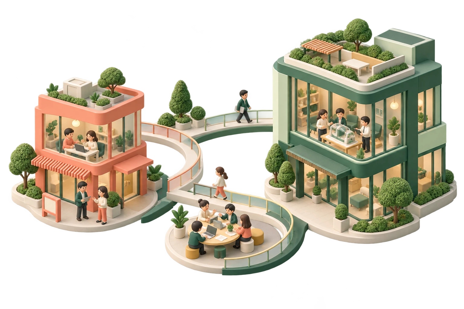 ベンチャーのオフィスと大企業の建物が道でつながり、人々が共同で事業を進めるイラスト