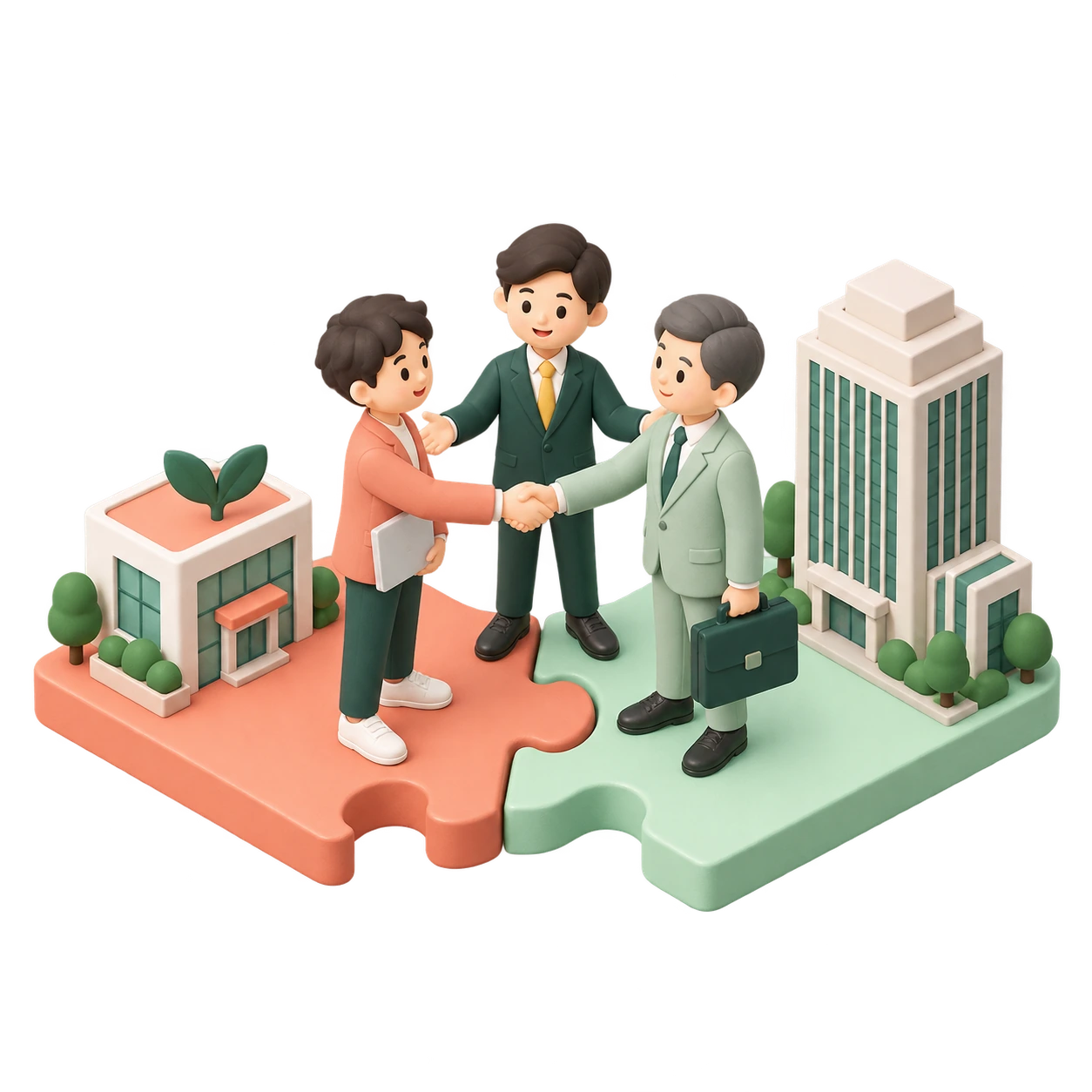 専門家がベンチャーと大企業を引き合わせ、互いの事業のピースが合うイラスト
