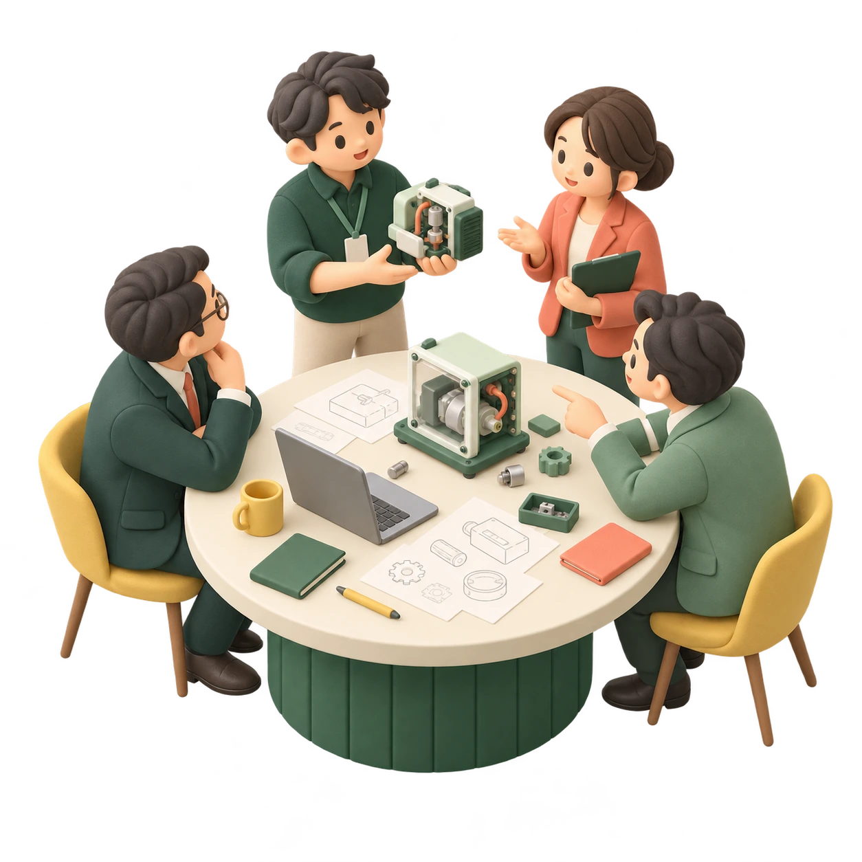 ベンチャーと大企業のメンバーが、専門家と机を囲んで試作品を検証するイラスト